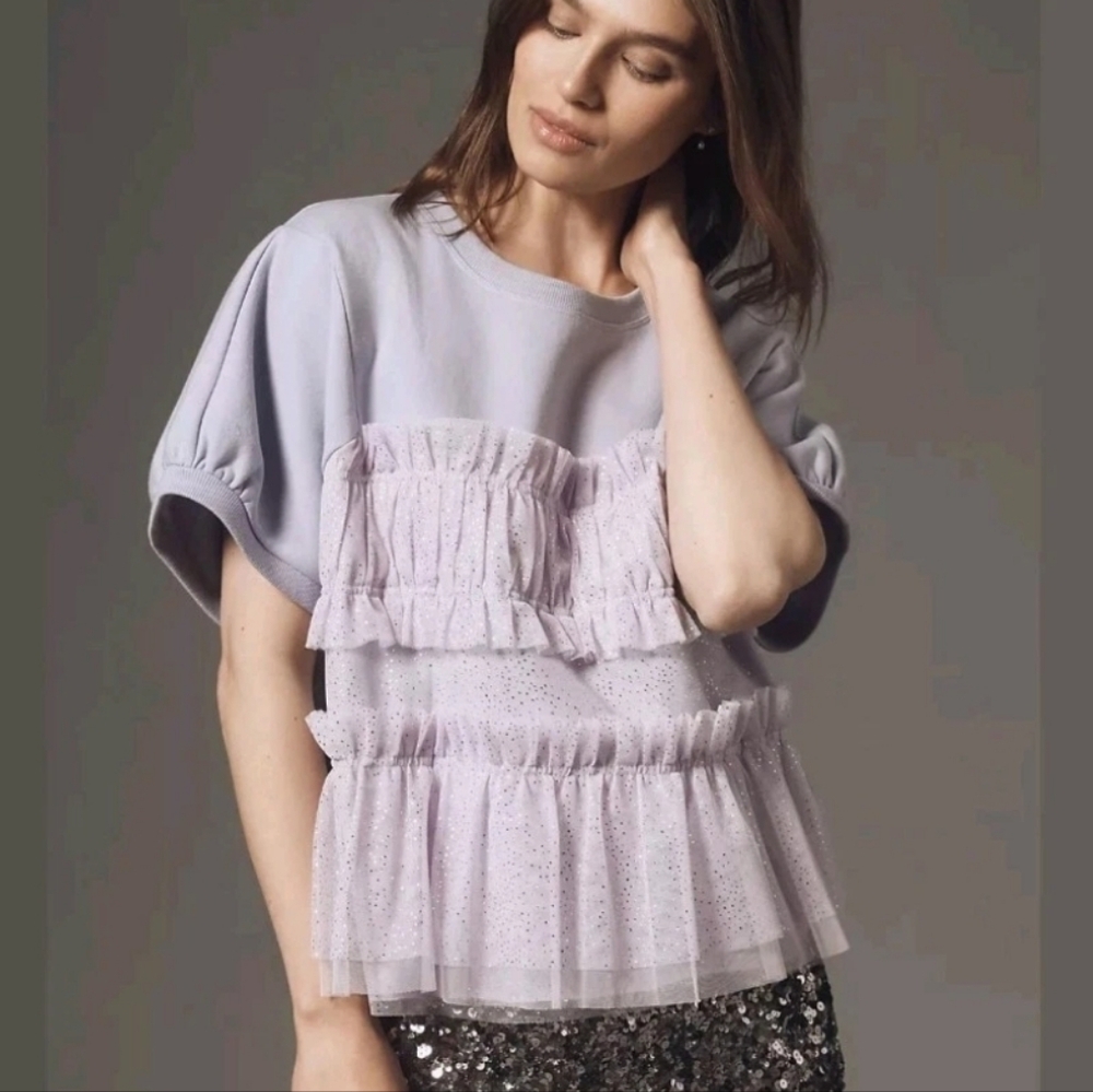 Maeve Anthropologie Purple Tulle Shimmer Puffed Sleeve Tee sz L